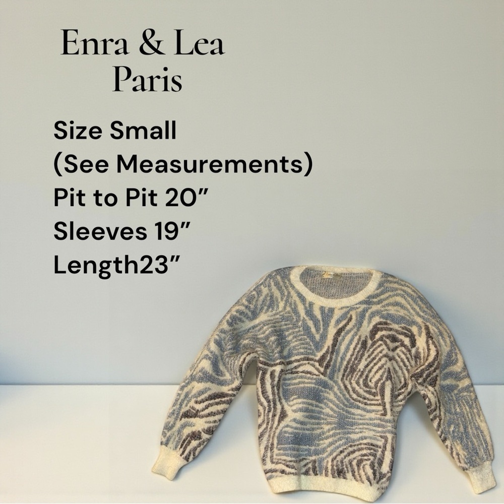 Enra & Lea Paris Eyelash Fuzzy Zebra Swirl Sweater Blue Ivory Brown | Size Small - Picture 6 of 8